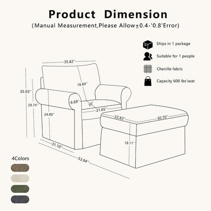 35.82" Oversized Accent Chair with Ottoman, Chenille Armchair, Gray | Accent Chair with Ottoman Set; Deep seat for relaxing; soft chenille; comfy back support; footrest ottoman; living room