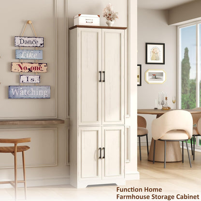 Function Home Farmhouse Kitchen Pantry Cabinet, 72" Tall Storage Cabinet with Doors and Adjustable Shelves, 6 Tier Freestanding Cupboard for Dining Room Living Room Bathroom, Antique White & Brown Top