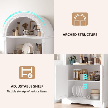 Vlsrka Kitchen Pantry Storage Cabinets with Adjustable Shelves, 71" Tall | Arched Wooden Cabinet with Doors, 3 Colors LED Lights, Motion Sensor, Freestanding, for Living/Dining Room, White