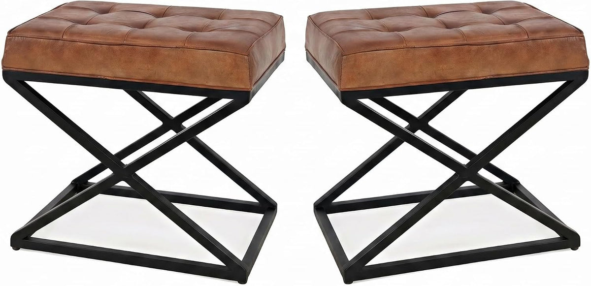 Jofran Global Archive Mid-Century Modern Genuine Leather Ottoman Pre-Assembled, 20''W x 14''D x 18.5''H, Saddle Brown,Set of 2