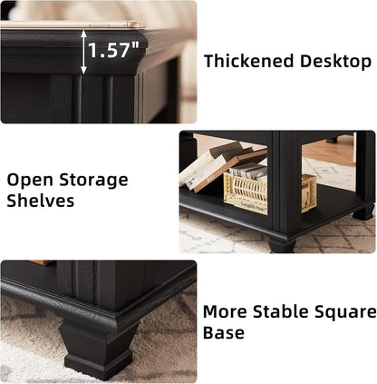 SAVOR LIFE Farmhouse Coffee Table Set of 3, Black | Rustic Wood 3 Piece Coffee and End Table Sets with Open Shelf for Living Room