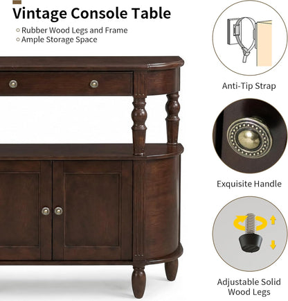 Curved Console Table with Solid Wood Legs, 47" Half Moon Sofa Table with Storage, Drawer & 2-Doors, Real Wood Veneer, Adjustable Shelf, Anti-Tip, Entryway Table for Living Room/Hallway,Walnut