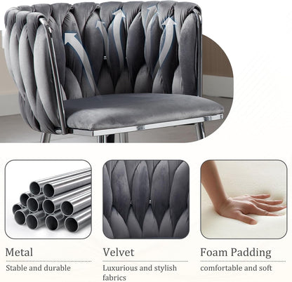 Modern Velvet Dining Chairs Set, Upholstered Dining Chair with Woven Back and Silver Metal Legs, Modern Armchair for Living Room/Kitchen/Bedroom (Gray, 2pcs)