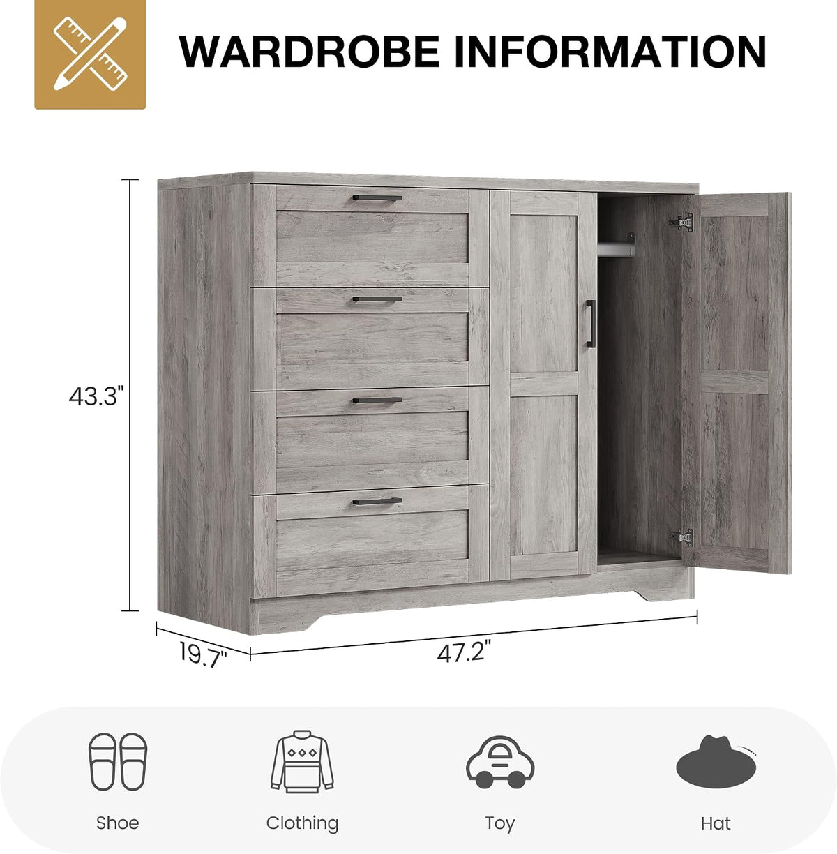 IDEALHOUSE 43.3'' H Armoire Wardrobe Closet with 4 Drawers and 2 Doors, Hanging Rod, Multifunctional Wooden Dresser with Storage Closet, Bathroom Cabinet for Bedroom, Gray