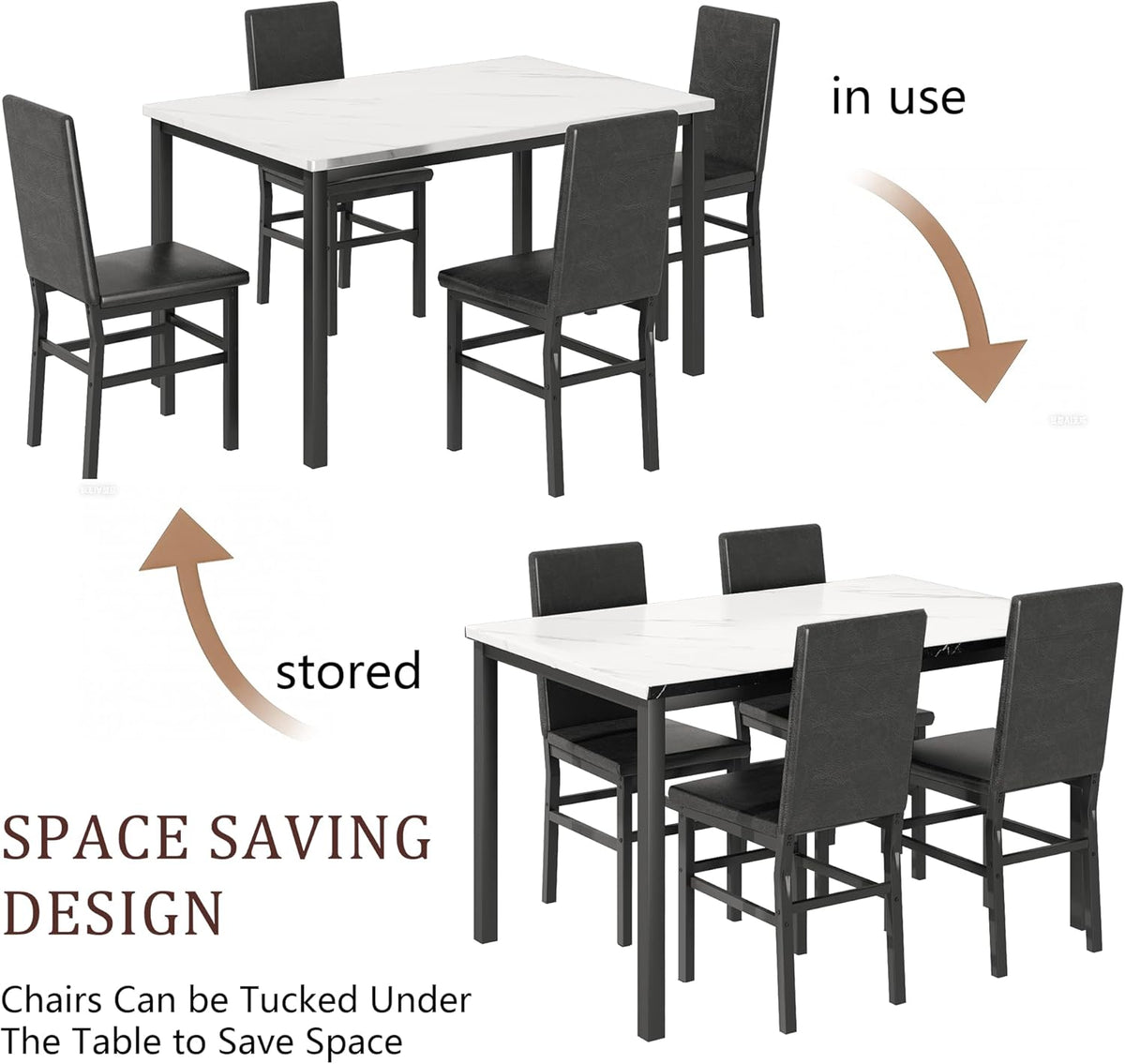 Dining Table Set for 4, 5-Piece Faux Marble Dining Set,4 Upholstered PU Chairs, Modern Kitchen Table Furniture for Dining Room,Compact Space-Saving Faux Marble Tabletop (White + Black)
