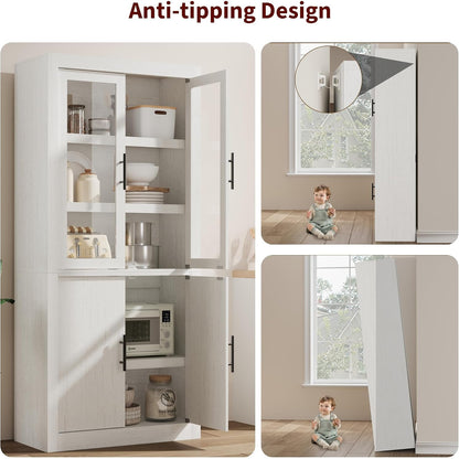 Farmhouse Kitchen Pantry Storage Cabinet, 70.5" Tall Wood Cupboard with 4 Doors and Adjustable Shelves, Rustic White Freestanding Organizer for Kitchen, Dining Room, White