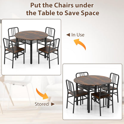 GOFLAME 5-Piece Round Dining Table Set for 4, Space-Saving Kitchen Table and Chairs Set with Storage Shelf, Industrial Wooden Dinette Set for Dining Room, Living Room, Breakfast Nook, Rustic Brown
