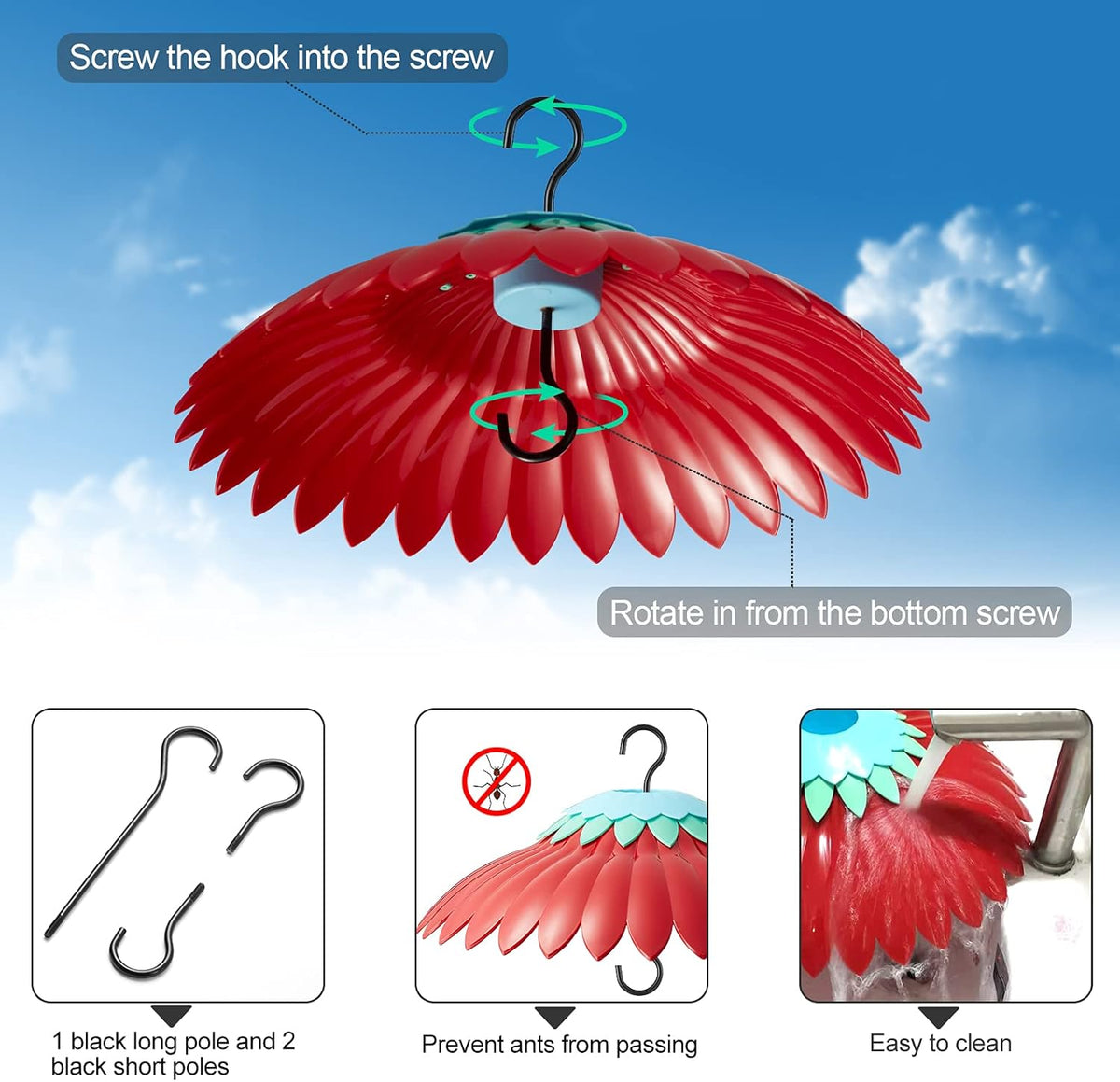 Squirrel Baffle for Hanging Bird Feeder Rain Cover for Outside Weather Guard Protect Feed from Sun Blue Dome Attract Hummingbirds, Moat Proof, Easy to Clean-14inch(Red)