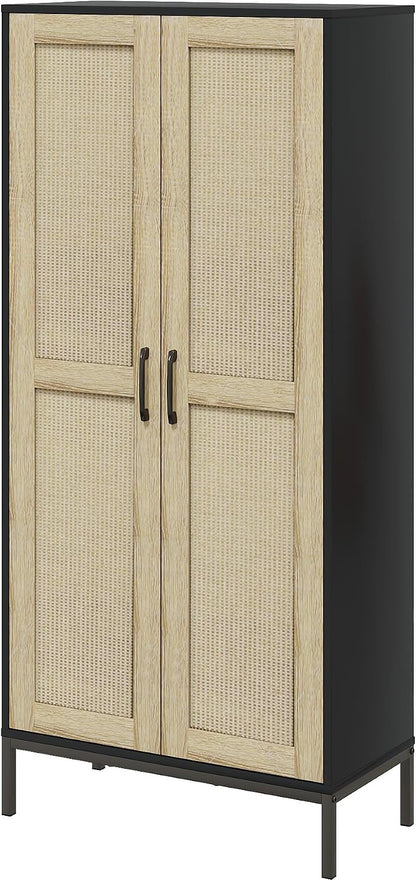 60" Tall Kitchen Pantry with 2 Rattan Doors and 3 Adjustable Shelves,Freestanding Cupboard Storage Cabinet for Kitchen, Laundry Room, Dinning Room and Living Room,Black