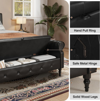 FiveWillowise 65" End of Bed Bench with Storage Ottoman,Black | Faux Leather Upholstered Storage Bench with Rolled Arms and Nailhead Trim for King Size Bed,Bedroom,Entryway,Living room