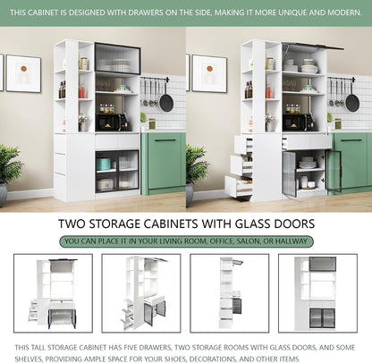 71 Inch Wood Pantry Cabinet with Glass Doors, 39 Inch Wide Freestanding Kitchen Storage Cabinet for Microwave and Coffee Bar, Modern Sturdy Tall Pantry Cabinet with Shelves & 5 Drawers, (White)