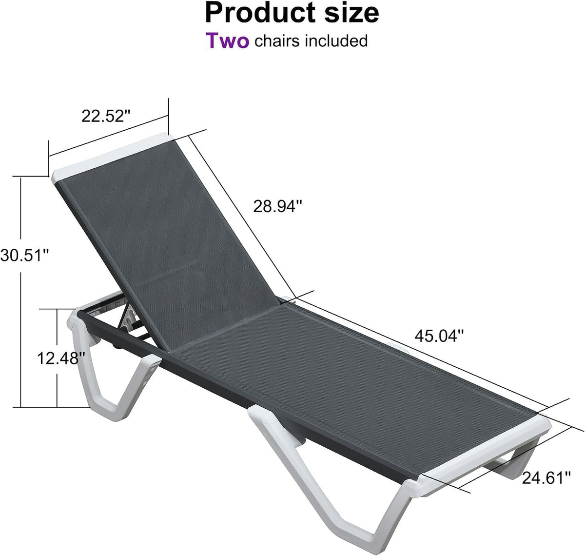 PURPLE LEAF Paiot Chaise Lounge Set of 2 Chaise Lounge w/Wheel, Dary Grey | Stain-resistant mesh wipes clean instantly, Vibrant colors match your outdoor decor, Sleek Style Elevates Your Patio