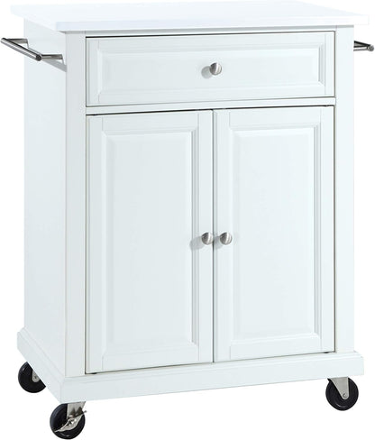 Crosley Furniture Compact Stone Top Small Rolling Cart with Shelves, Microwave Stand with Towel Rack, White