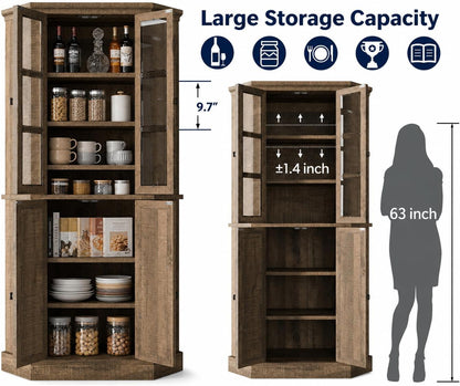 Betterhood Corner Cabinet, 67" Tall Kitchen Pantry Storage Cabinet with Glass Doors and Adjustable Shelves, Freestanding Food Pantry Farmhouse Furniture for Kitchen,Living Room, Rustic Brown