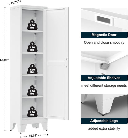 LCAOPC 67" Tall Narrow Bathroom Metal Storage Cabinet with 4 Adjustable Shelves, Freestanding 5 Tier Slim Pantry Storage Cabinet for Small Space, White