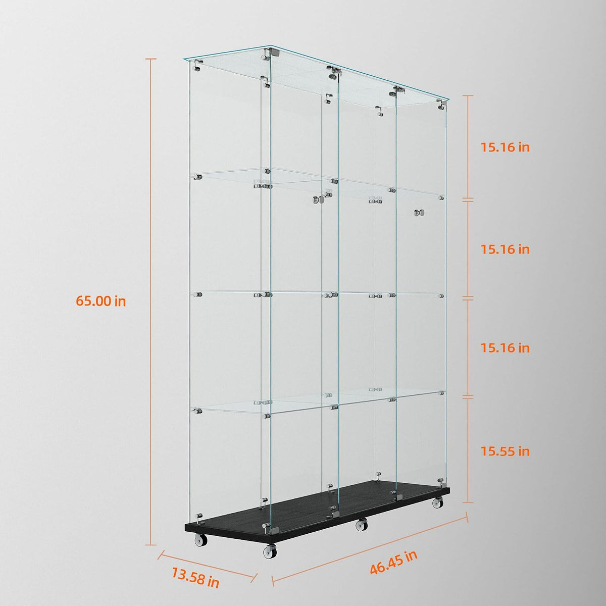 65" H 4-Shelf Glass Display Storage Cabinet with LED Lights Strip & Double Doors, Modern Curio Cabinet Collection Display Case with Lockable Casters & Lock for Living Room (Black)