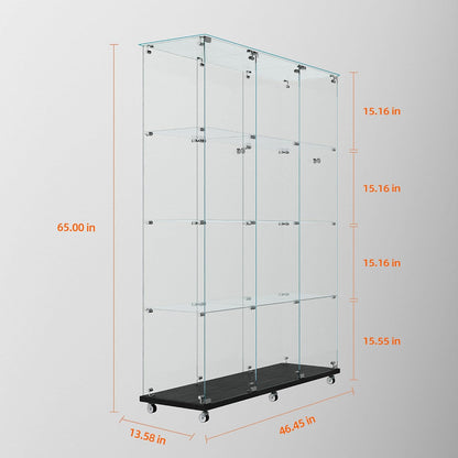 65" H 4-Shelf Glass Display Storage Cabinet with LED Lights Strip & Double Doors, Modern Curio Cabinet Collection Display Case with Lockable Casters & Lock for Living Room (Black)