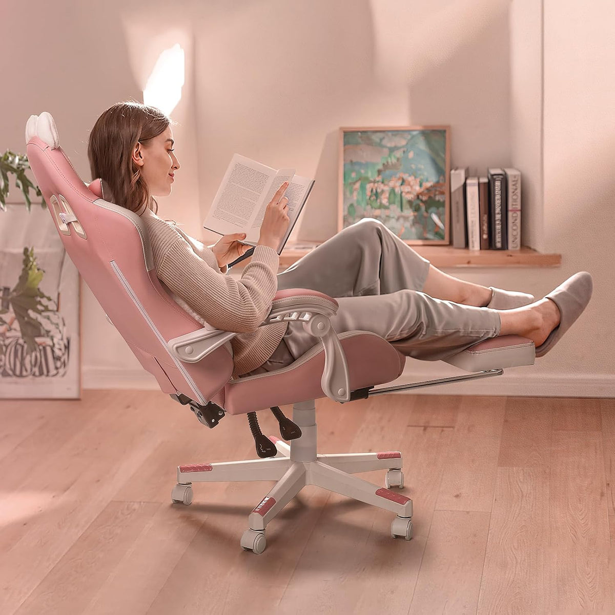 PUKAMI Pink Gaming Chair Cute with Cat Ears and Cat Paw Lumbar Cushion, Ergonomic Computer Chair for Girl with Footrest and Headrest, Comfortable Reclining PC Game Chair for Adult, Teen (Pink)