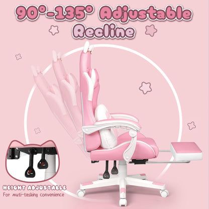 PUKAMI Pink Gaming Chair Cute with Cat Ears and Cat Paw Lumbar Cushion, Ergonomic Computer Chair for Girl with Footrest and Headrest, Comfortable Reclining PC Game Chair for Adult, Teen (Pink)