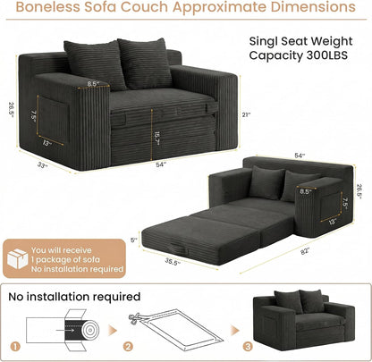 Loveseat Sofa Bed, Tri-Folding Convertible Futon Sleeper with Handle & Side Pockets, 54'' Couch with Hook and Loop No Assembly for Small Space,Living Room & Bedroom
