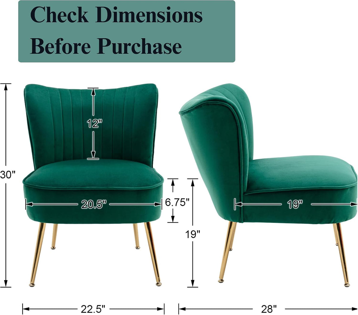 Velvet Accent Chair Set of 2 Comfy Living Room Chairs with Golden Legs Wingback for Bedroom Guest Room, Green