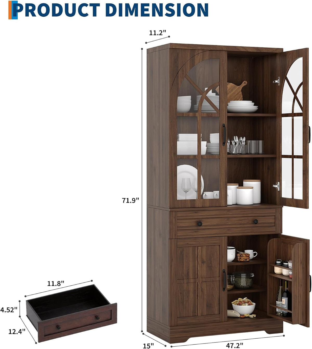 CABIHOME Farmhouse Pantry Cabinet,Freestanding Tall Wood Kitchen Storage with Tempered Glass Doors,Adjustable Shelves Multifunctional Organizer for Dining Room