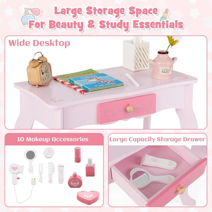 INFANS Kids Vanity, 2 in 1 Wooden Princess Makeup Table and Stool Set with Tri-Folding Detachable Mirror 10 Accessories, Toddler Pretend Beauty Dressing Play for Girls Aged 3+