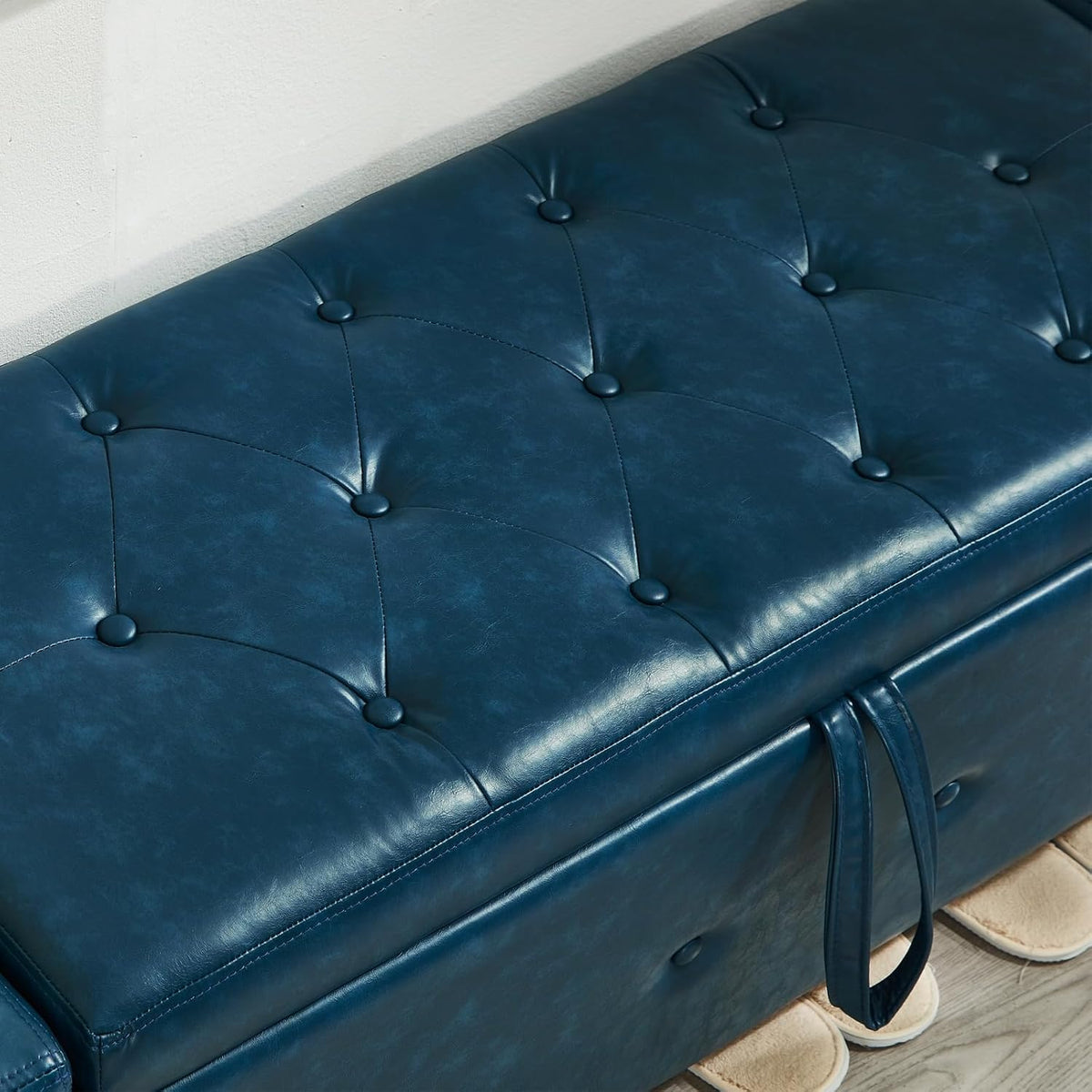 Storage, Bench for Bedroom,Living Room,Hallway, Upholstered Tufted Faux Leather Ottoman Blue