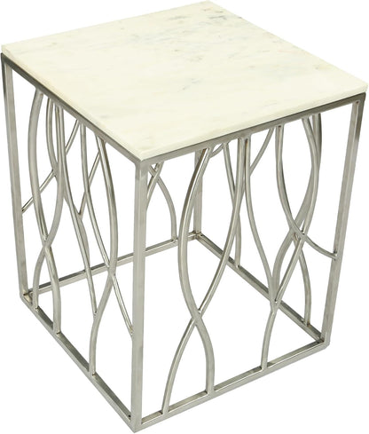 Penau Square Marble End Table, White Marble Top with Natural Gray Veins, Polished Stainless Steel Base with Organic Curves, Dimensions 18W x 18D x 22.5H Inches, Fully Assembled