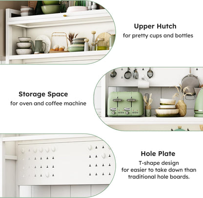 65'' Kitchen Pantry Storage Cabinet, Storage & Microwave Oven Countertop, Pantry Cabinets with 3 Doors and 4 Layers Hole Plate Versatile Storage for Kitchen, Living Room, Dining Room