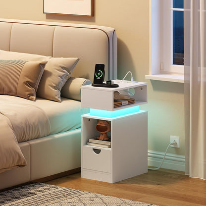 HOOBRO Narrow End Table, Floating Nightstand with LED Light Strip, with Drawer, Slim Bedside Table with Charging Station for Living Room, Bedroom, White WT204UDBZ01