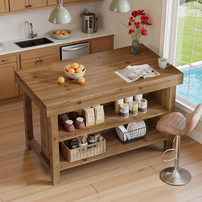 55" Solid Wood Kitchen Island with Storage, Farmhouse Kitchen Island Table with 3-Tier Open Shelves and Large Countertop for Kitchen, Dining & Living Room, Natural Oak