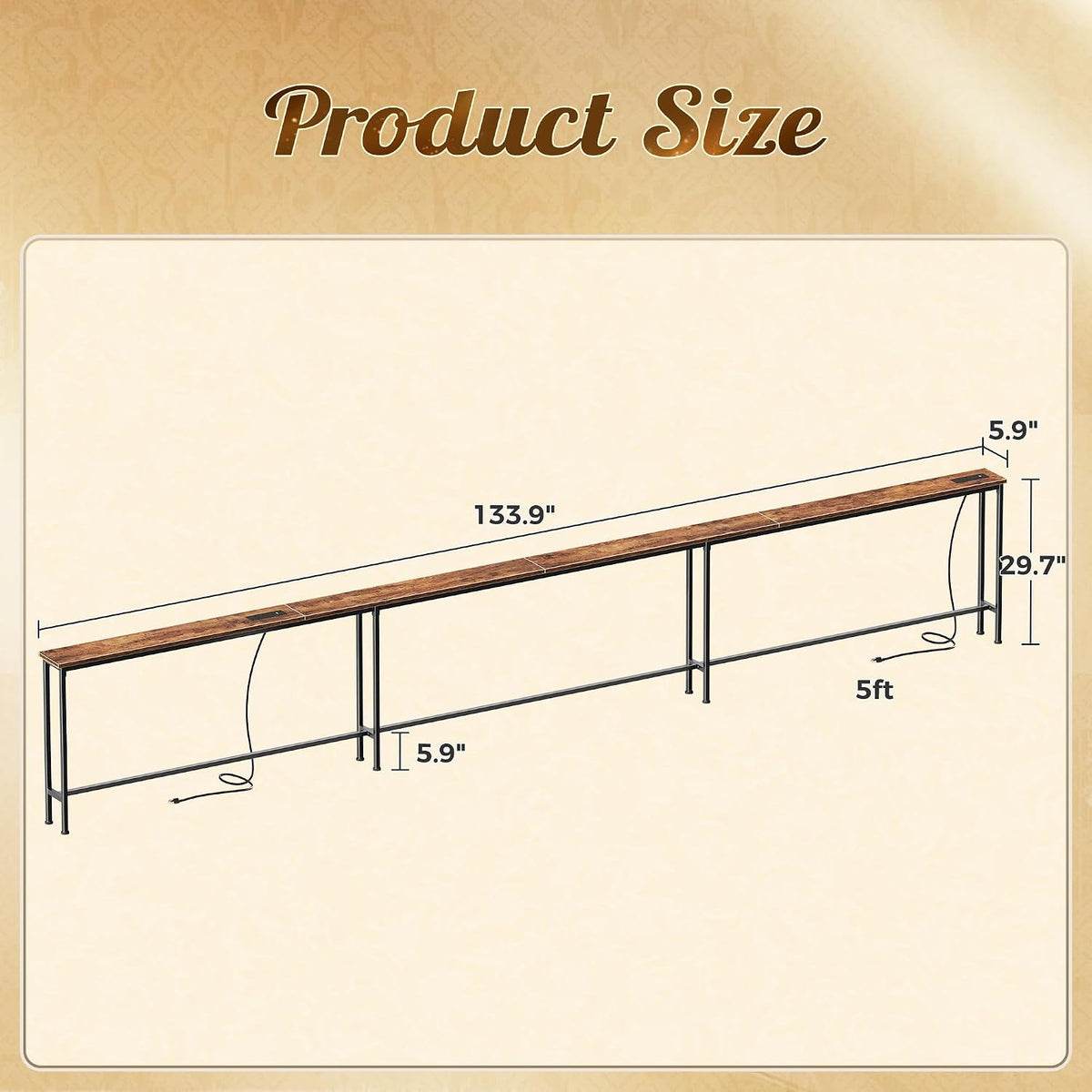 Huuger 133.9 Inch Sofa Table with Power Outlets, Skinny Behind Couch Table | 5.9 Inch Narrow Entryway Table, Extra-Long Console Table, Behind the Couch Table with Outlet for Living Room, Rustic Brown