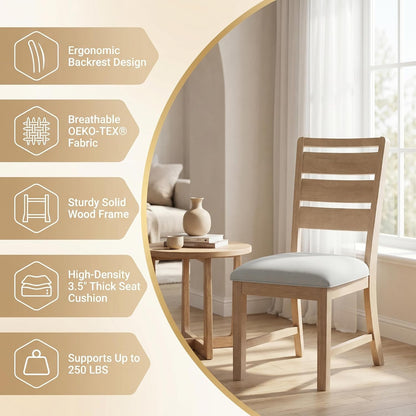 COLAMY Modern Dining Chairs Set of 2, Breathable Fabric Kitchen Chairs with High-Resilience Cotton Padding, Ergonomic Solid Wood Legs Accent Seating for Living Room 250LBS,Oak Natural