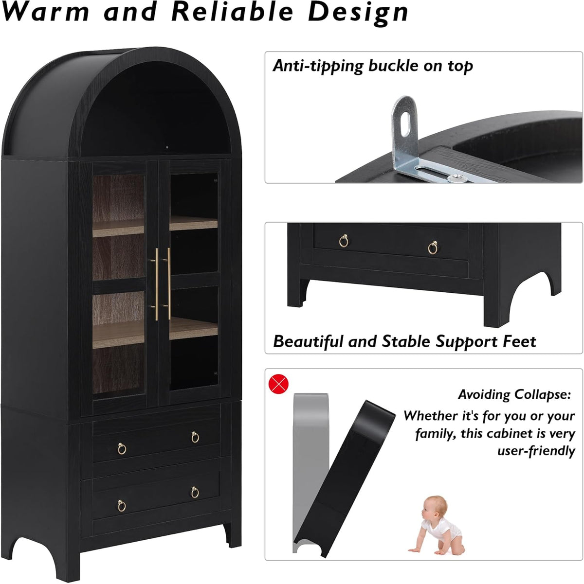 71" Tall Arched Kitchen Pantry with Glass Doors and 2 Large Drawers, Farmhouse Kitchen Storage Cabinet with Adjustable Shelves, Wood Versatile Cupboard for Dining Room (Black-3.12)