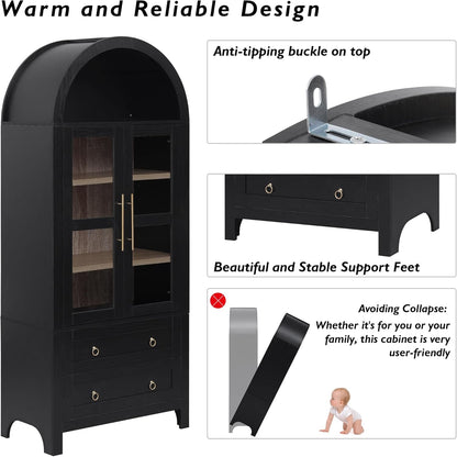 71" Tall Arched Kitchen Pantry Cabinet with 2 Drawers & Glass Doors, Modern Farmhouse Freestanding Storage Cabinet with Adjustable Shelves for Kitchen, Dining Room, Home Organizer(Black)