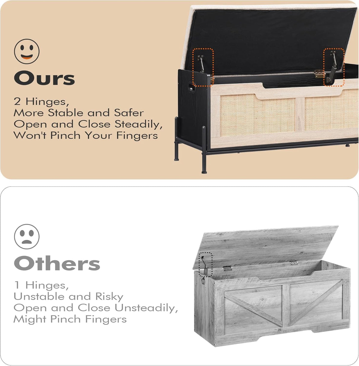 IDEALHOUSE Wooden Storage Chest with Seat Cushion, Storage Chest with 2 Safety Hinges, Entryway Bench for Organizer, Supports 260 Lb, Bedroom, Living Room