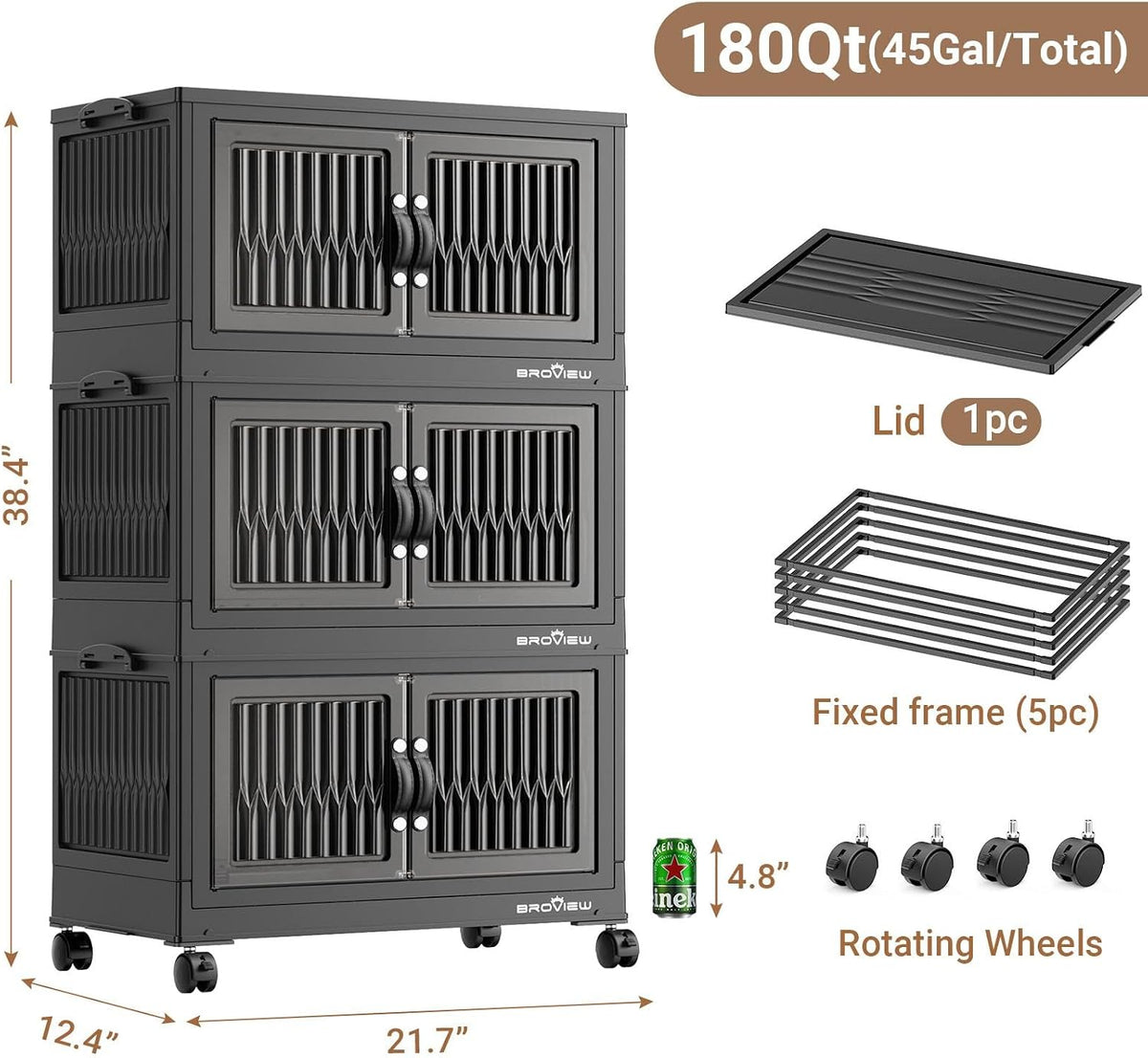 BROVIEW 180Qt Stackable Storage Bins with Lid, Extra Large Closet Organizer Collapsible Drawer Boxes with Wheels, Folding Plastic Cabinet Containers for Home Kitchen Room Organization, 3Pack Black