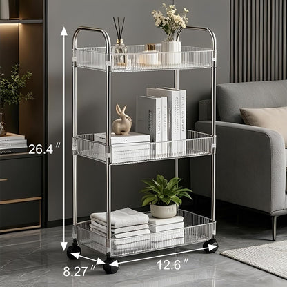 Sooyee Clear 3-Tier Plastic Rolling Utility Cart with Wheels, Multi-Functional Storage Trolley for Office, Living Room, Kitchen, Movable Storage Organizer with Wheels