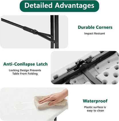 Folding Table 2 Pack, 6FT Folding Table Portable with Built-in Handle, Heavy Duty Plastic Table with Steel Legs Supports to 300lbs, Suitable for Party, Camping, Events Indoor&Outdoor Use, White