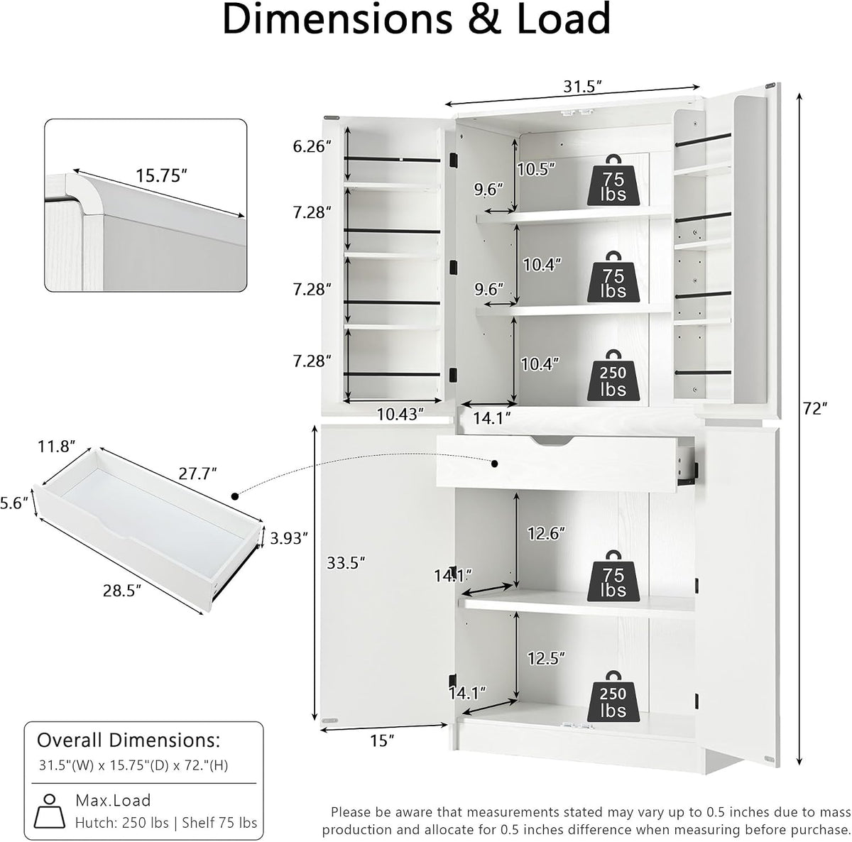 72" Tall Farmhouse Pantry Cabinet with Curved Design - Kitchen Storage Cabinet with 8 Door Shelves, 3 Adjustable Shelves & 1 Hidden Drawer, Versatile for Kitchen & Dining Room, White