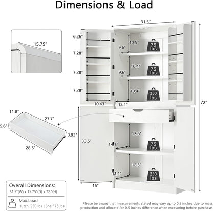 72" Tall Farmhouse Kitchen Pantry Cabinet with 8 Door Shelves, Curved Design Storage Cabinet with 3 Adjustable Shelves, Hidden Drawer, Versatile Cupboard for Kitchen, Dining & Bathroom, White