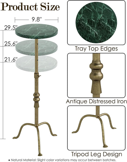 Adjustable Height Round Pedestal Table - 22-30 Inch, Modern Martini Cocktail End Table with Natural Travertine Top & Antique Brass Base for Small Spaces Living Room, Bedroom (Green Marble)