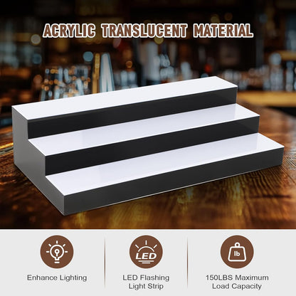 FAHKNS Lighted Liquor Bottle Display, 3 Tiers 24 Inch Acrylic Bar Shelf with Remote Control, Multicolor LED Illuminated Whiskey Rack for Home Bar