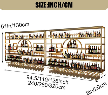 94.5in Wall Mounted Wine Rack, Black 4-Tier Large Capacity | Iorn Floating Shelf, Hanging Liquor Storage Display Shelf, Save Space with Glass Holder, for Bar Home Kitchen