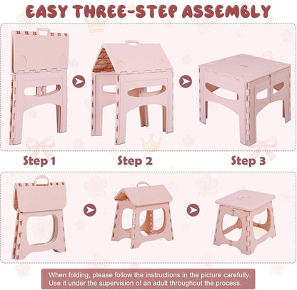 3 Piece Kids Foldable Table and Chairs Set, Toddlers Drawing Activity Desk, | Portable Picnic Table, Easy-Fold Pinch-Free Children's Furniture for Arts Toys Snacks and Indoor Outdoor Use Pink