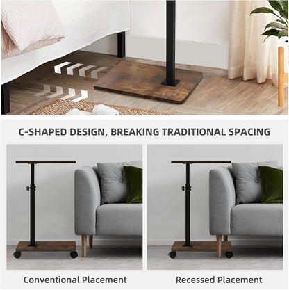 Side Table Sofa Tray for Couch with Rolling Wheels, TV Tray Table with 360°Rotatable Adjustable Height, C Shaped End Table for Living Room, Office, Bedroom