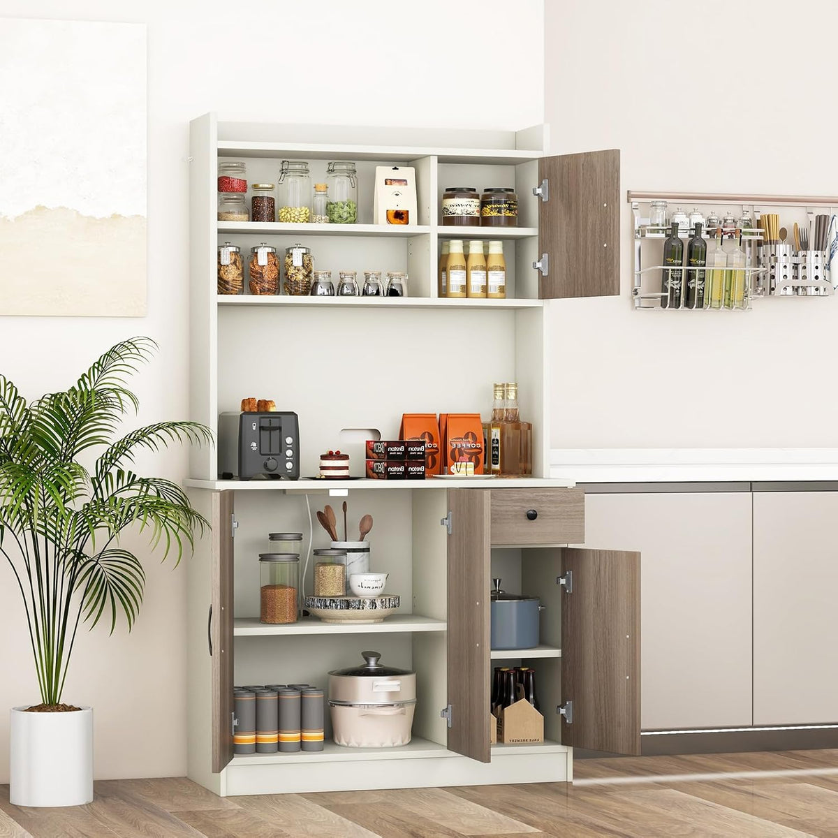 COSTWAY Kitchen Pantry Storage Cabinet, 71" Freestanding Tall Hutch Cabinet with Charging Station, Microwave Stand, Adjustable Shelves, Modern Buffet Cabinet with Hutch for Dining Room, Kitchen, White