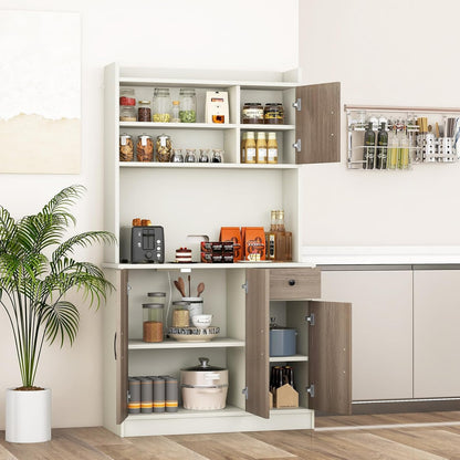 COSTWAY Kitchen Pantry Storage Cabinet, 71" Freestanding Tall Hutch Cabinet with Charging Station, Microwave Stand, Adjustable Shelves, Modern Buffet Cabinet with Hutch for Dining Room, Kitchen, White