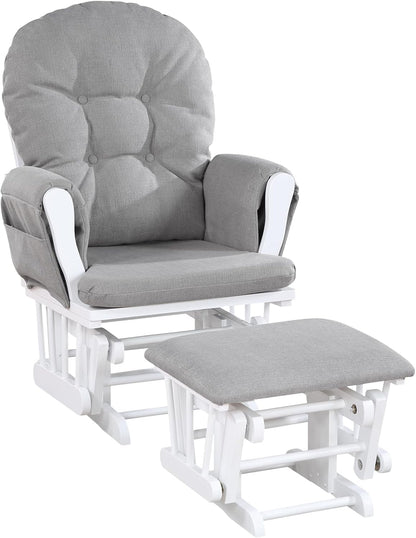 Glider and Ottoman White Wood and Oyster Fabric